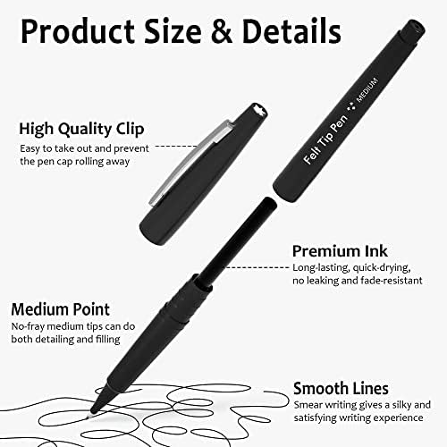 Canetas de ponta de feltro Lelix, 60 canetas pretas, canetas de feltro de ponto médio de 0,7 mm, canetas de marcadores de