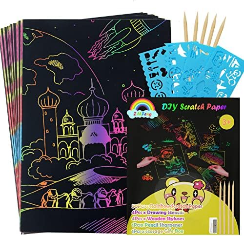 Rainbow Scratch Paper Crafts Supplies Kit 60pcs Scratch Painting Scratch Art para crianças com estilos de madeira de madeira estênceis