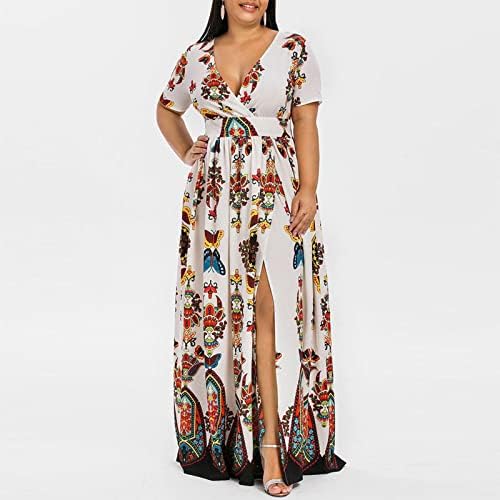 Vestidos de verão de grande tamanho de mulher sexy de pescoço de pescoço curto maxi vestido floral estampa de fenda