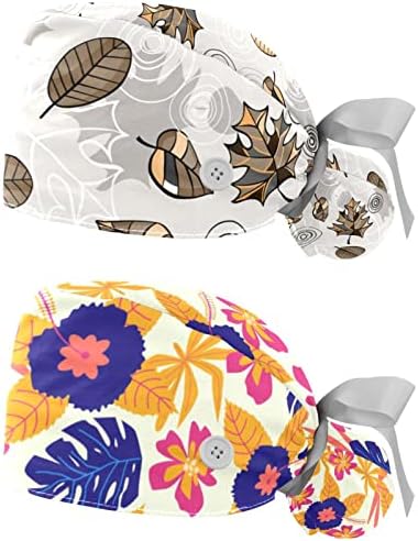 2 pacotes de tampa de trabalho com botões, chapéus de amarração elástica ajustável, limpeza de limpeza de flor Pteris Flor
