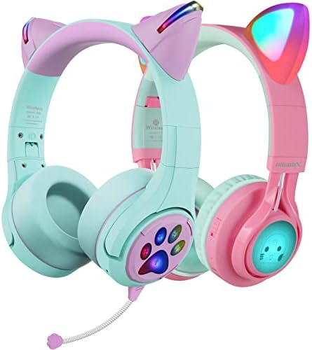 Fones de ouvido Bluetooth Kids, Bundle 2 embalam fones de ouvido de gato com luz LED, microfone de boom e microfone embutido para chamadas, 85dB Volume Limited Kids Headphones
