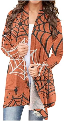Cardigans de Halloween para mulheres, impressão fofa de trajes de manga comprida jaqueta casual casual fit com tunica tops