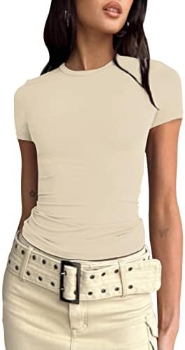Safrisior Mulher Basic Solid Crop Top Tees Camisetas redondas pescoço de manga curta Formado FIXA TRANHEIR