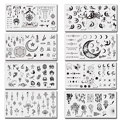 UPRETTEGO 8PCS Placas de estampagem Conjunto de unhas Arte Lua Lunar Zodiac Stars Modelos de carimbo Modelos de carimbo Kit Transferência de unhas Maniculação Diy Ferramentas de impressão JRCB17