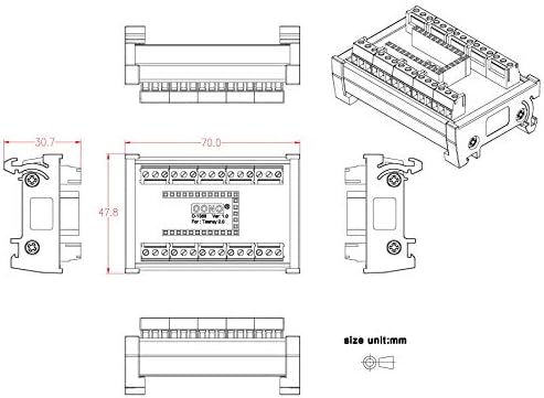 Módulo de placa de bloqueio de bloco de terminal para Teensy 2.0, versão de montagem ferroviária DIN