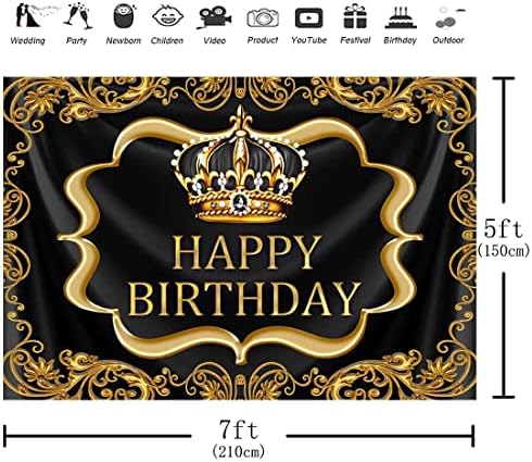 Aperturee preto e dourado feliz aniversário pano de fundo 7x5ft pequeno menino príncipe rei coroa fotografia cenário celebração