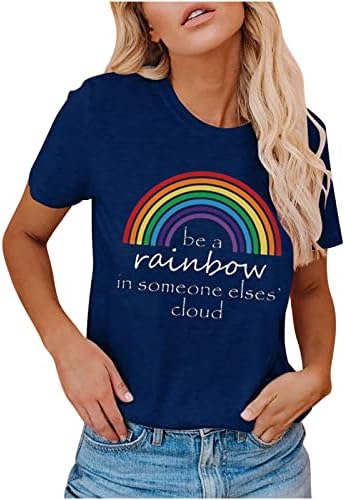 Camiseta de pescoço da tripulação para mulheres de verão outono de manga curta impressão de arco -íris casual top shirt Girls 2023 1s