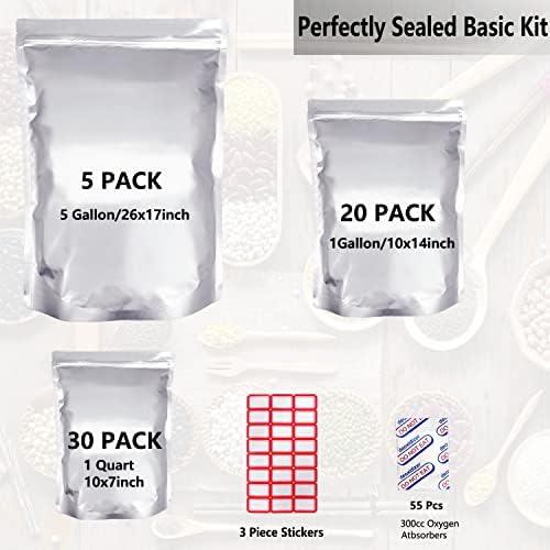 55 PCs 5 galões Mylar Bags para armazenamento de alimentos, sacos mylar com absorvedores de oxigênio - 300cc × 60, bolsas mylar de alumínio