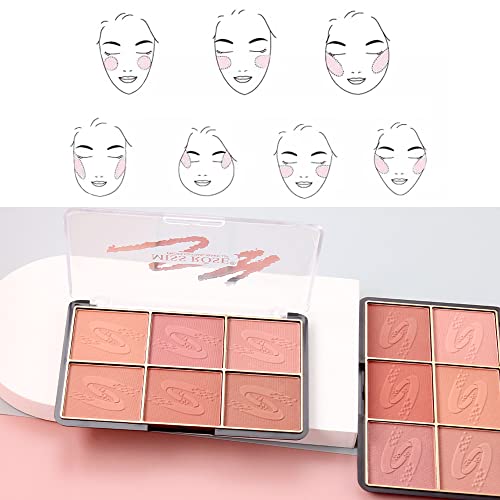 Yeweian 6 cores Paleta de blush, mineral fosco em pó para bochecha, lábio e olho ， Bright Face Blush, contorno e destaque