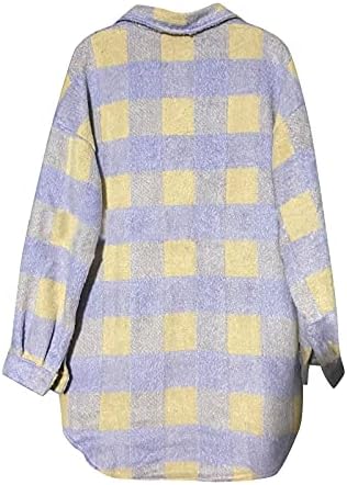 Camisa xadrez feminina de cardigã, lã falsa de lã preta do casaco colarinho de colarinho de tamanho grande e outono