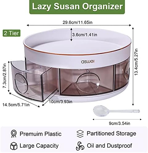 2 Nível Lazy Susan Organizador com 6 caixas divididas, 360 graus giraz