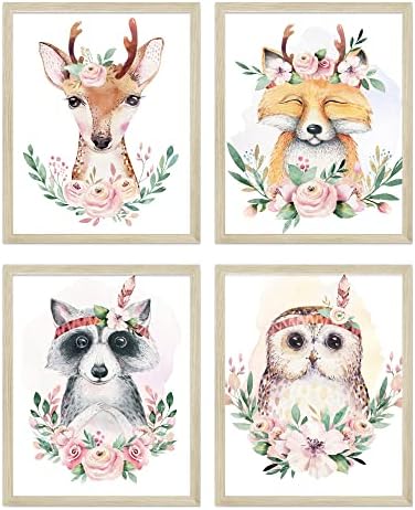 Inspire Woodland Nursery Pictures Woodland Animal Pictures - Conjunto de 4 arte da parede da floresta para meninas Arte de parede de
