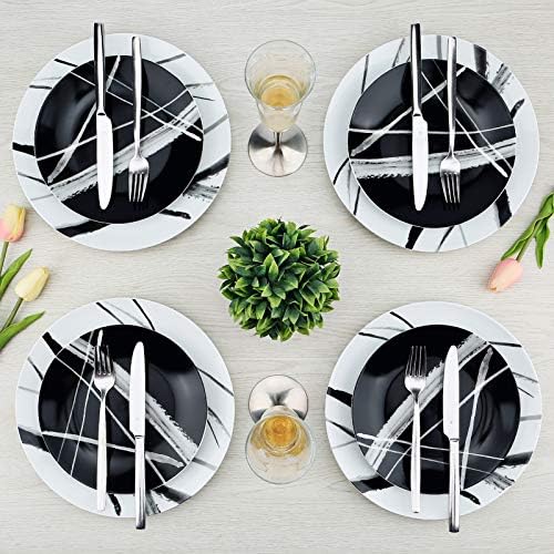 Zyan 16 peças Round Dinnerware Conjuntos, conjuntos de placas de grés de metrô preto e branco, lava -louças e conjuntos de tigelas