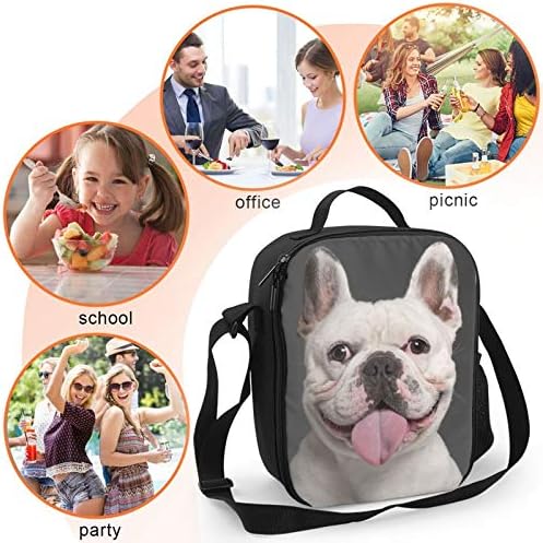 Lancheira de bulldog branca Precerdiy - lancheira isolada para crianças design engraçado em 3D com bolsa de bolso e ombro de ombro