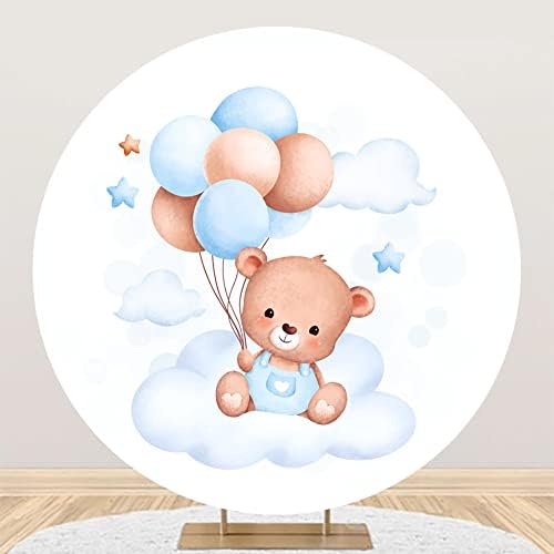 Capa de pano de fundo redonda Teddy Urso de ursinho de balão nuvens de balão desenho animado do chá de bebê arco arco
