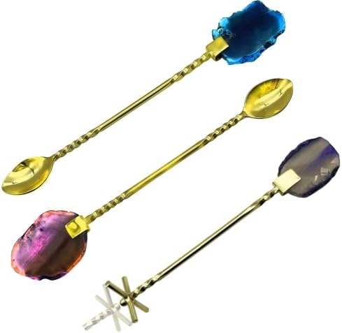 Wanda Living Bundle de Swizzle Stick para coquetéis, agitador de coquetel artesanal agitador de aço inoxidável com cristal de ágata azul, colher de barra, agitador de coquetel, colher longa feita à mão, ouro