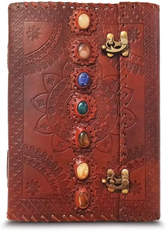 Chakra Journal with 7 Chakra Stones - Journal de couro artesanal com fecho - papel de algodão reciclado sem revestimento - pedras