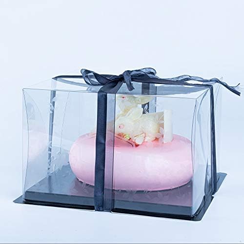 Visão doce de 10 polegadas x 6,75 polegadas de bolo transparente, 10 caixas de bolo de fita preta - base resistente à graxa, design de jardim de flores, caixas de bolo de aniversário de plástico transparente, para casamentos ou aniversários