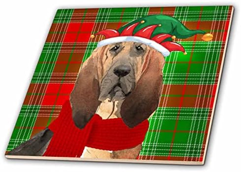 3drose cão engraçado cão de caça na tampa da elfo na xadrez de Natal vermelho e verde - azulejos