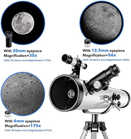 Telescópio HSL Newtonian para iniciantes, Telescópios refletores de altura focal de 76mm de 76 mm de comprimento focal para adultos astronomia de crianças, vêm com 3 oculares, lente de barlow 5x, filtro da lua e adaptador de smartphone