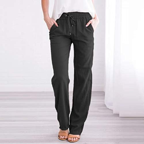 Keepfit FITF Calças retas casuais para mulheres cintura de cordão de calça longa sólida com calça de cintura elástica de algodão