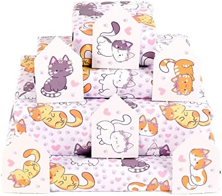 Central 23 - Papel de embrulho de aniversário - lençóis roxos de embrulho - gatos e corações - 6 lençóis para mulheres adolescentes