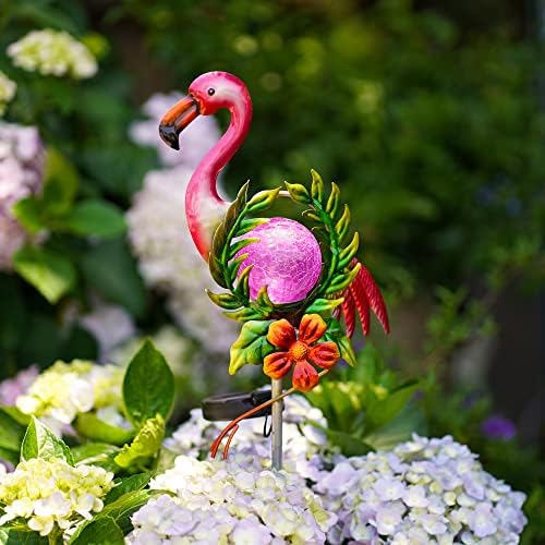 Manortang Flamingo Luzes de jardim solar ao ar livre, decoração de jardim de metal para lá fora com bola de vidro de crackle,