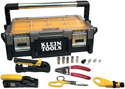 Klein Tools VDV001-833 VDV Protech Kit com caixa de transporte, stripper de cabo, crimper, conexões de compressão, cortador de cabo, plugues de dados/telefone