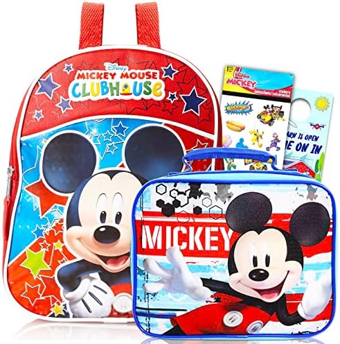 Mini mochila Mickey Mouse com lancheira Conjunto - 4 PC Pacote com mochila Mickey de 11 , lancheira Mickey Mouse, tatuagens temporárias,