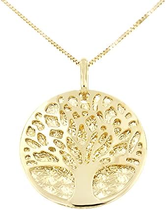 Lucchetta - 14 Karat Amarelo Gold Tree of Life colar, 16+2 polegadas, 14k colares de ouro sólidos para mulheres meninas adolescentes,