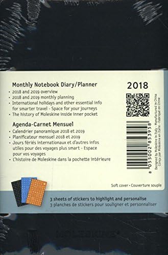 Moleskine Classic 12 meses 2018 Planejador mensal, capa macia, bolso preto