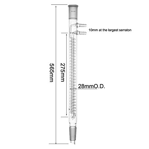 Condensador de refluxo Dimroth de vidro Laboy enrolado com juntas 24/40 275 mm em comprimento da bobina 565 mm em altura geral com conexões de vidro Conexões de química orgânica Aparelho de vidro de laboratório