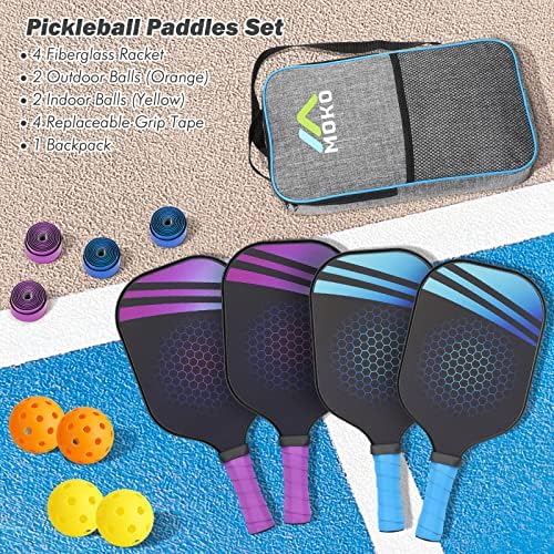 MOKO Pickleball Paddles Conjunto de 4, fibra de vidro de superfície Raquette Conjunto de favo de mel com 4 Ballls+2 Ball Retriever+4 Substituição Grip macia+1, presente para crianças homens, azul+roxo+roxo+roxo+roxo+roxo