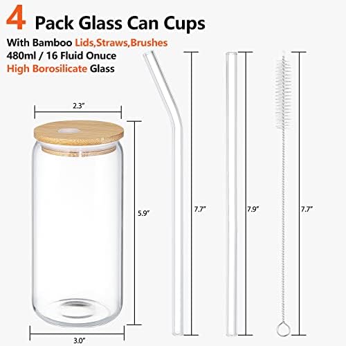 Pacote de 4 copos bebendo copos de cerveja xícaras de vidro de 16 onças de copo de copo em forma de lata com tampas de bambu e