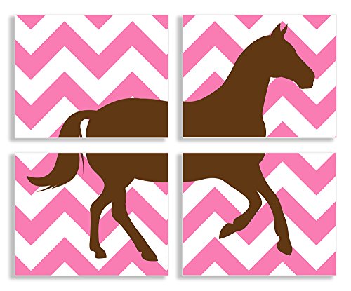 O quarto das crianças de Stuell Brown Horse Silhouette na Chevron Pink Chevron 4-PC Retângulo Placa de parede, orgulhosamente