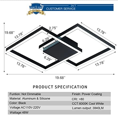 Madem Modern LED Teto Light 19.68 '' Black Flush Mount Teto Luz de teto 3840lm 48W lustres de teto de lustre de lesão led de 48w Sala de estar da sala de jantar, 6000k Legal White