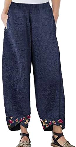 Calças de linho de algodão casual de verão para mulheres calças largas de perna larga com cintura alta com bolsas de calça