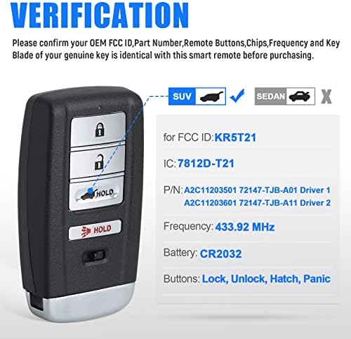 Keymall ingressing sem chave de proximidade de proximidade FOB Substituição para Acura RDX 2019 2020 FCC ID: KR5T21 433,92