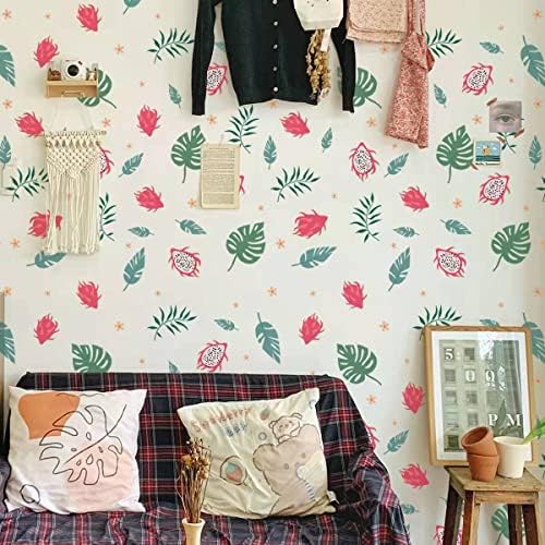 Folhas tropicais nórdicas de Demoue com decalques de parede PITAYA para decoração de quarto, folhas de palmeira e frutas de vinil adesivos de parede, boho folhas frescas arte da parede para a decoração do quarto da primavera no verão （88pcs）