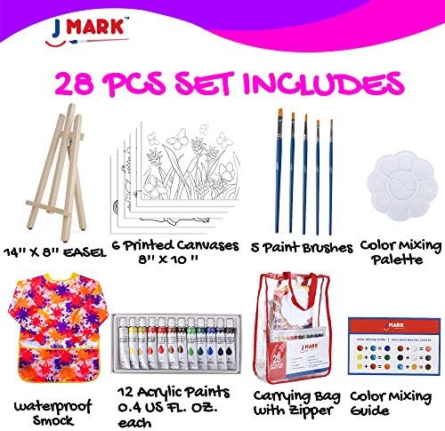 J Mark Kids Pintura Kit-Kit de suprimentos de pintura de acrílico com sacola de armazenamento, tintas laváveis, cavalete