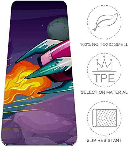 Exercício e fitness de espessura sem escorregamento 1/4 tapete de ioga com foguete roxo voando sobre a lua impressa