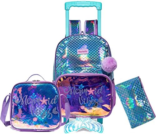 HTGROCE Mermaid Rolling Backpack Girls com lancheira e mochila escolar de rodas de jardim de gimesca de case de lápis