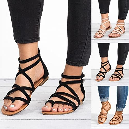 sandálias Felwors para mulheres de verão elegante, tornozelo feminino sandálias planas sandálias casuais chinelos de toe de pé aberto