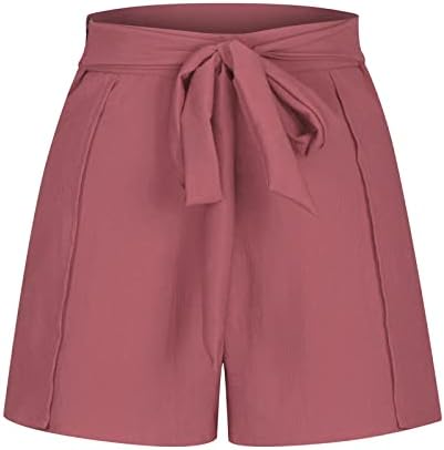 Shorts para mulheres de verão casual de cintura larga perna larga plissada de linho confortável amarre a cintura do escritório