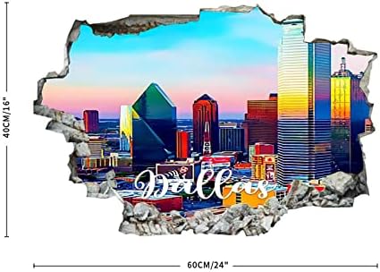 Cocoken Dallas City View 3D Adesivos de parede quebrados American Texas Dallas Dallas 24 x 16 polegadas Decalque de parede removível,