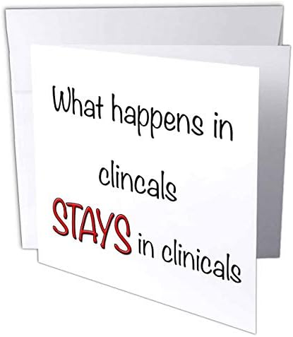 O que acontece em clínicos, vermelho - cartão de felicitações, 6 x 6 polegadas, solteiro