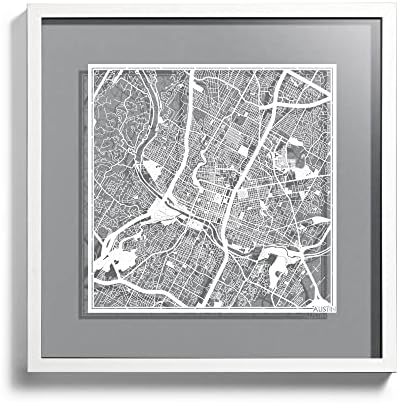 O3 Design Studio Austin Cut Map emoldurado, mapa branco, moldura branca, 18x18 polegadas, trabalho de arte de corte
