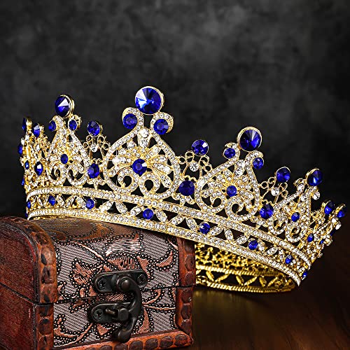 Sapphire Queen Crown e Tiara for Women Girls, Rhinestone Round Round Barroce Princess Crown Traje Royal para festa de aniversário