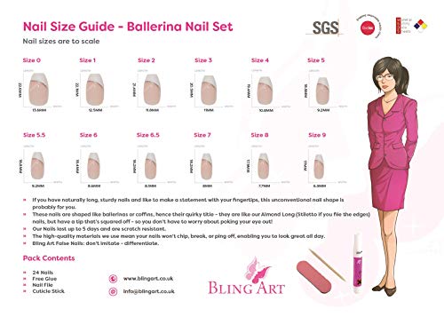 Bling Art Ballerina Unhas Falsas Gel Silver Coffin 24 Dicas falsas de acrílico longo