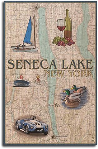 Seneca Lake, Nova York, mapa náutico Sinal de parede de madeira de bétula